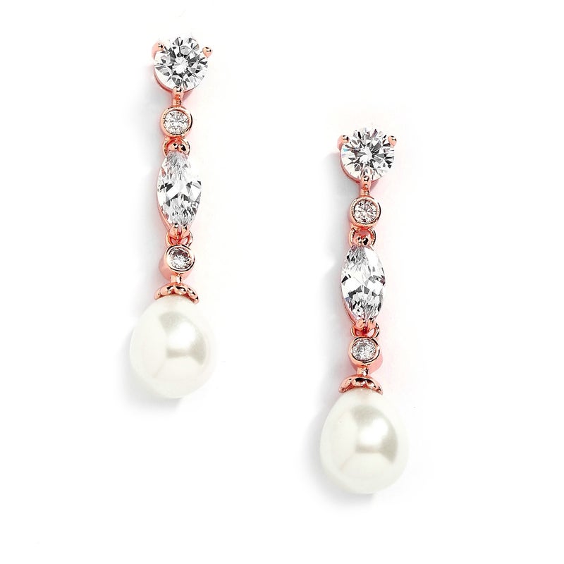 Mariell Rose Gold Pearl Bridal Earrings with Cubic Zirconia Crystals, 1 Â¾" Long Dangle Wedding Earring for Brides, Homecoming, Mother of the Bride - Image 1